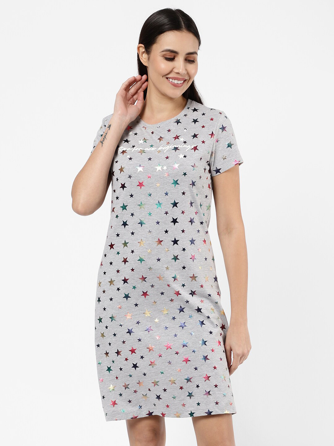 SDL by Sweet Dreams Women Grey Printed Pure Cotton Nightdress