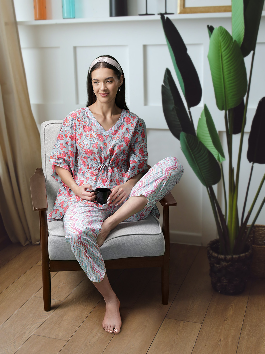 SDL by Sweet Dreams Women Blue & Pink Printed Pure Cotton Night suit