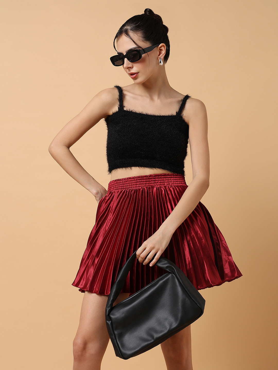 SHOWOFF Women Maroon Solid Mini Flared Skirt