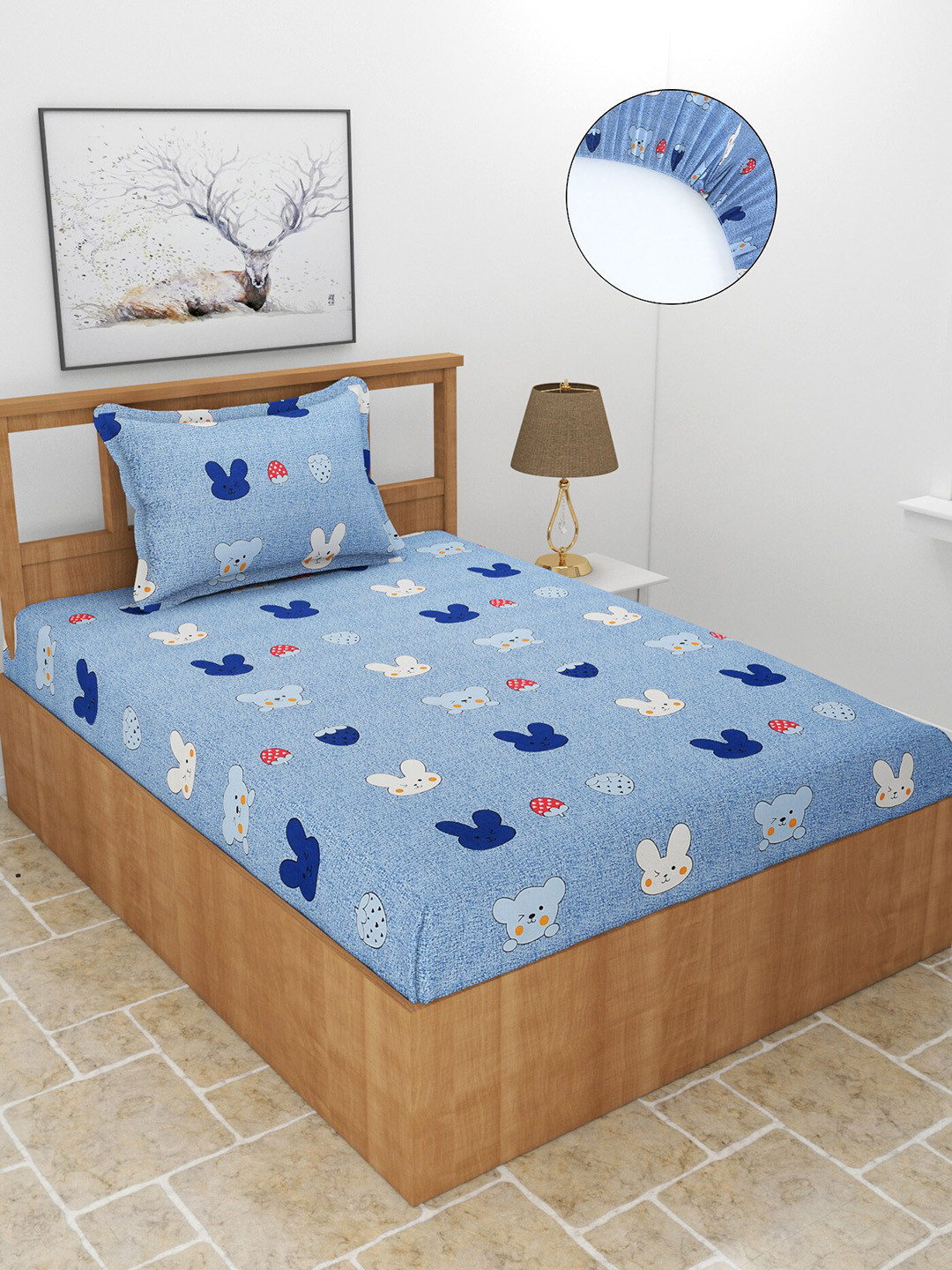 MORADO Comfort Blue Graphic Cotton 210 TC Fitted Single Fine Bedsheet with a Pillow Cover-78 x 48 inches