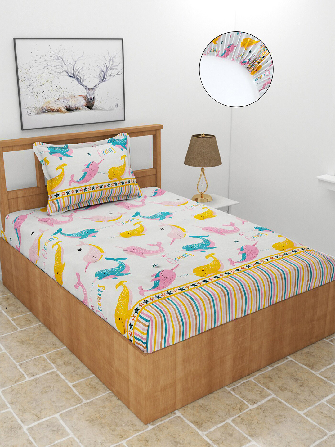 MORADO Book Fold Off White Conversational Polycotton 210 TC Fitted Single Fine Bedsheet with a Pillow Cover-198 x 91.44 x 15.24 cm