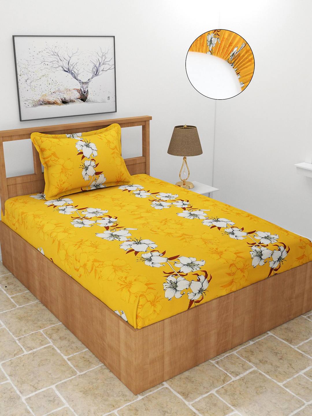 MORADO Maple Mustard Floral Polycotton 210 TC Fitted Single Fine Bedsheet with a Pillow Cover-198 x 91 cm