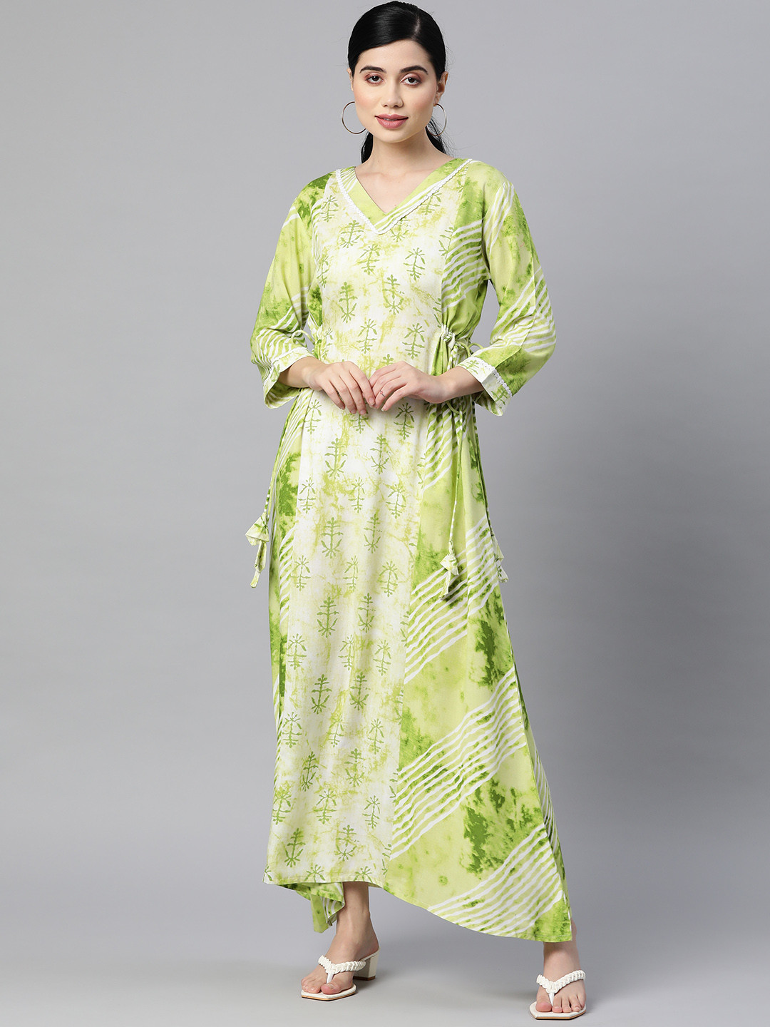 Indibelle Women Green & Off White Floral A-Line Maxi Dress with Tie Ups Detail