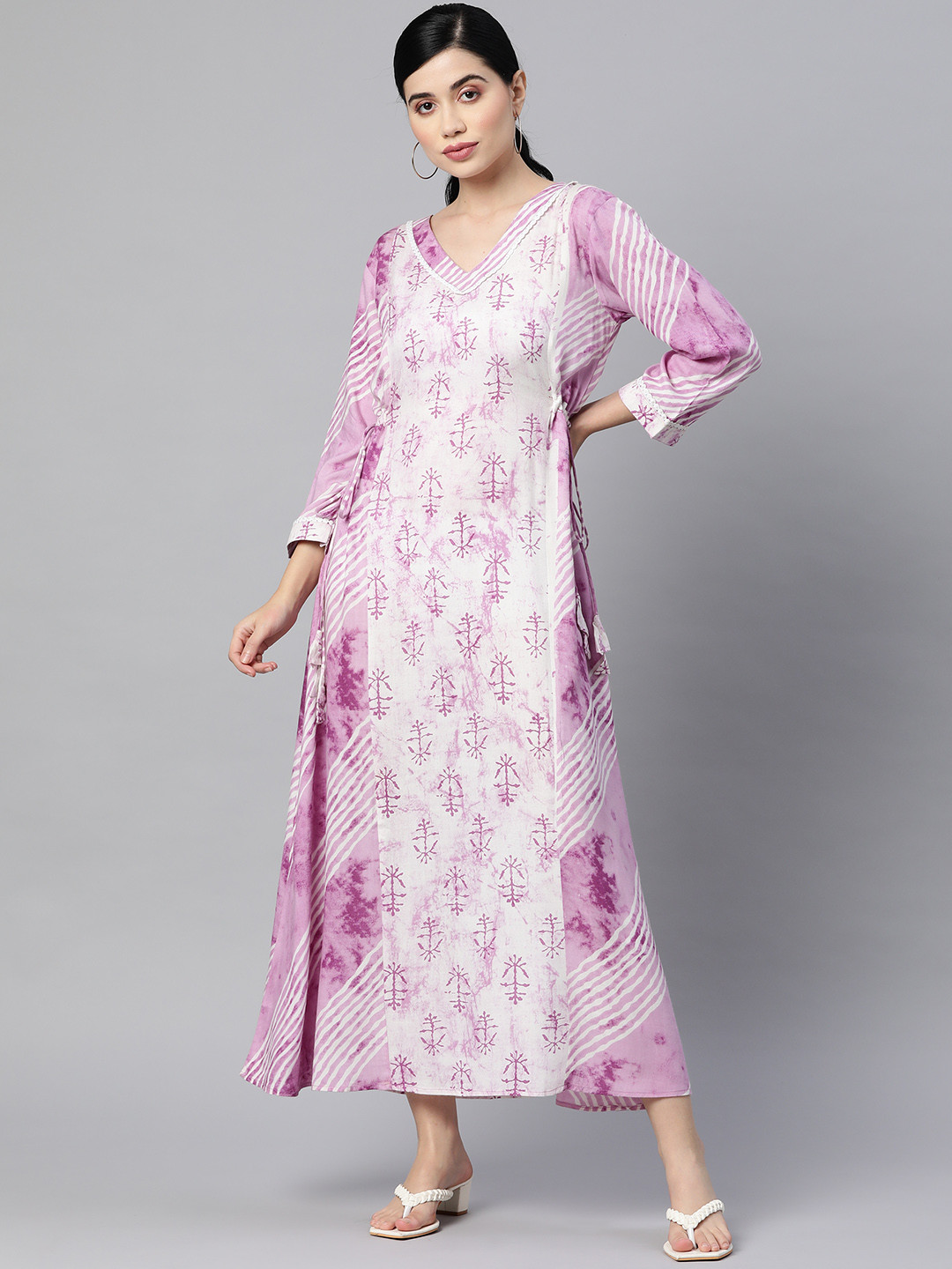 Indibelle Purple & White Floral A-Line Maxi Dress with Tie Ups Detail