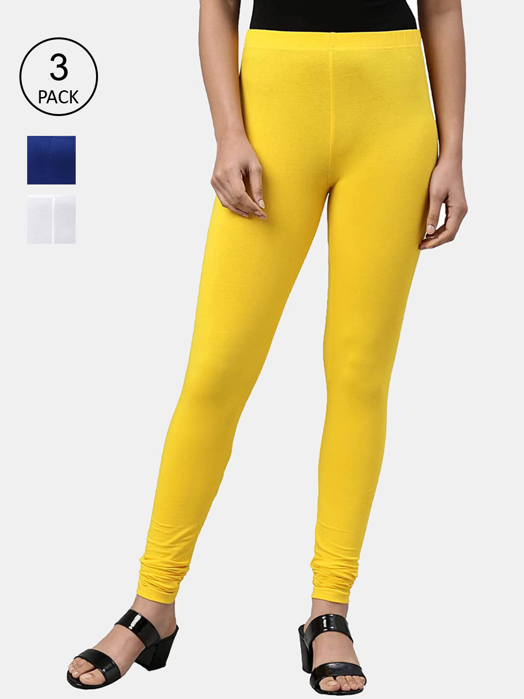 FRENCH KLEIDER Girls Pack of 3 Yellow Blue & White Solid Churidar-Length Leggings