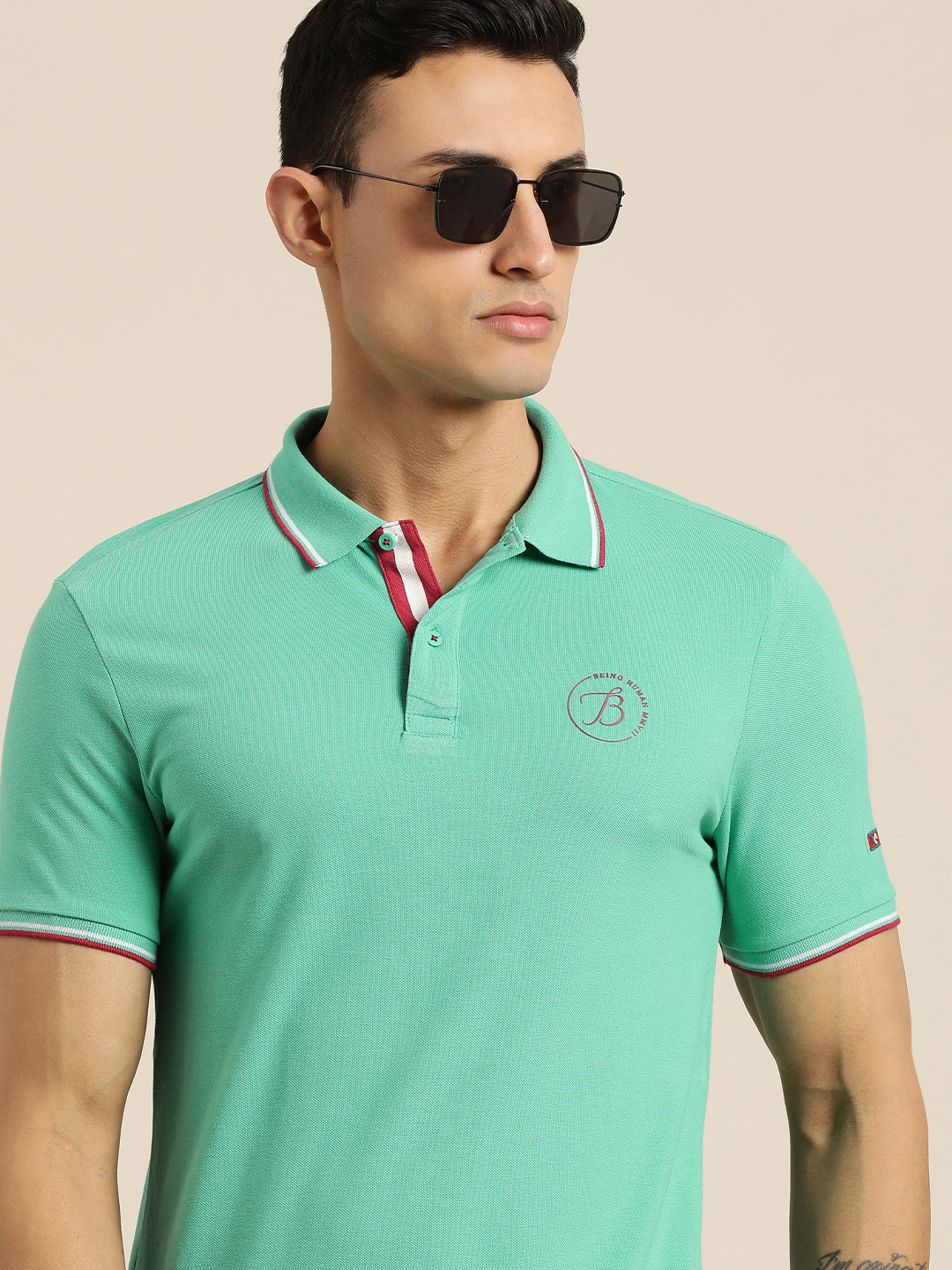 Being Human Men Sea Green Polo Collar Pure Cotton Slim Fit T-shirt With Brand Logo Print
