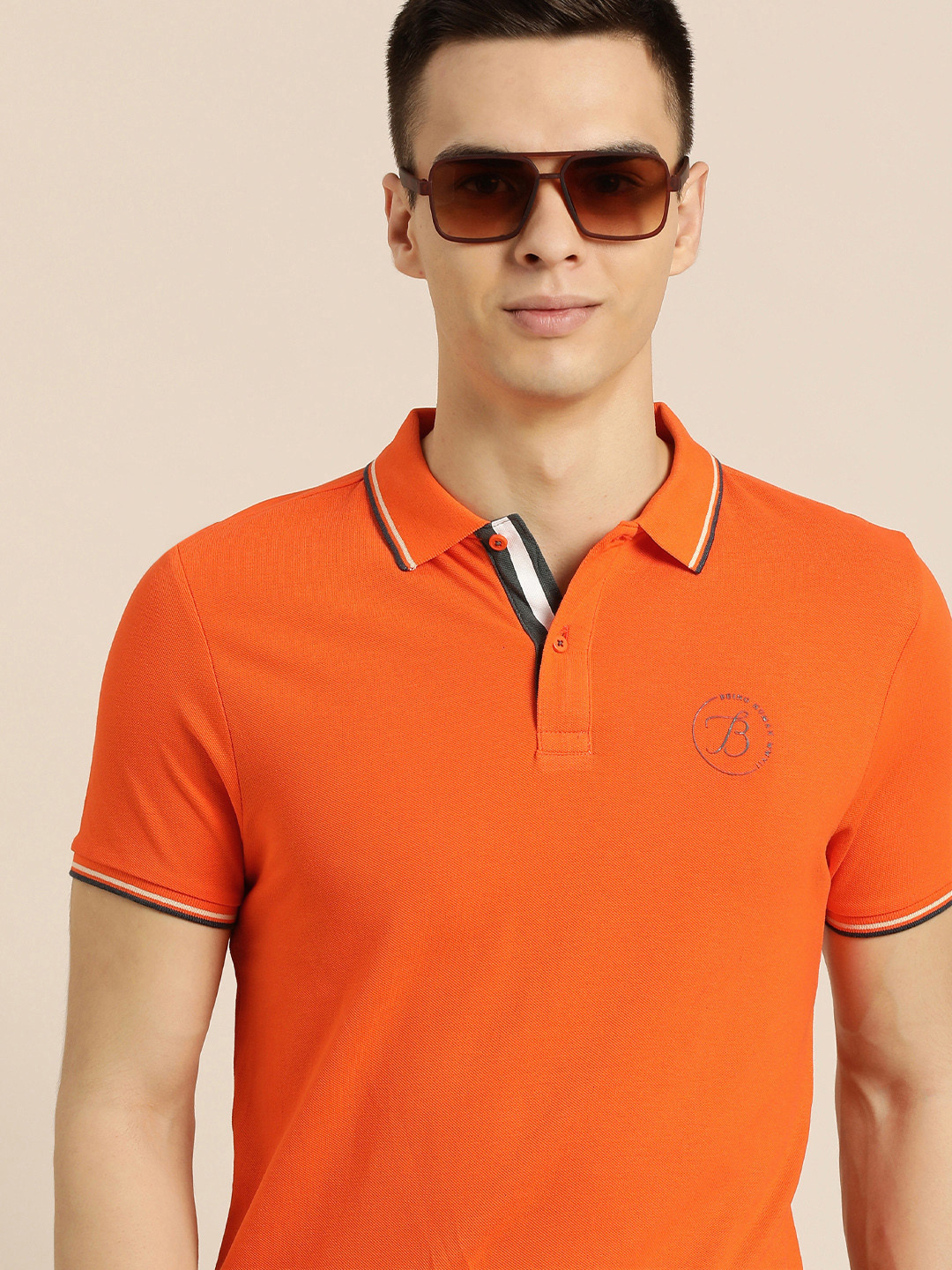 Being Human Men Orange Polo Collar Pure Cotton Slim Fit T-shirt With Brand Logo Print