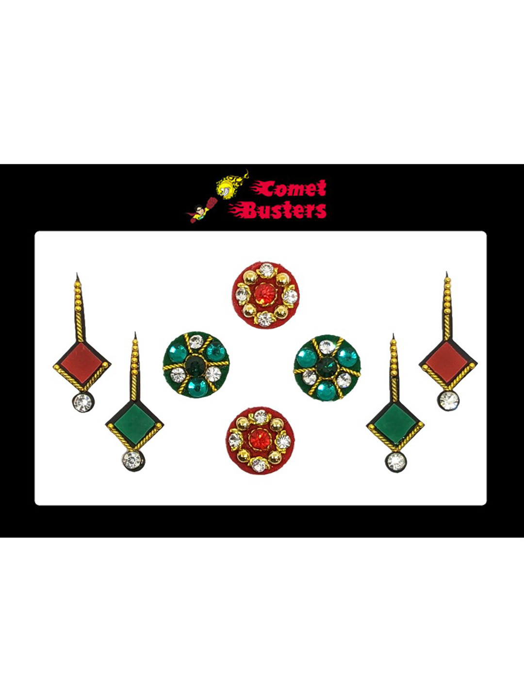 Comet Busters 8 Pcs Embellished Reusable Designer Bindis - Green & Red