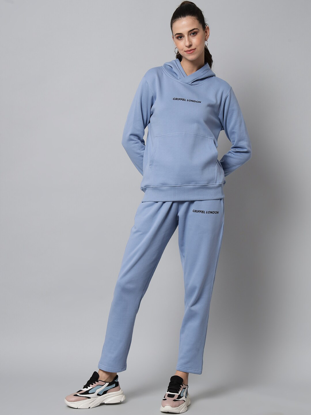 GRIFFEL Women Blue Logo Printed Cotton Fleece Tracksuit