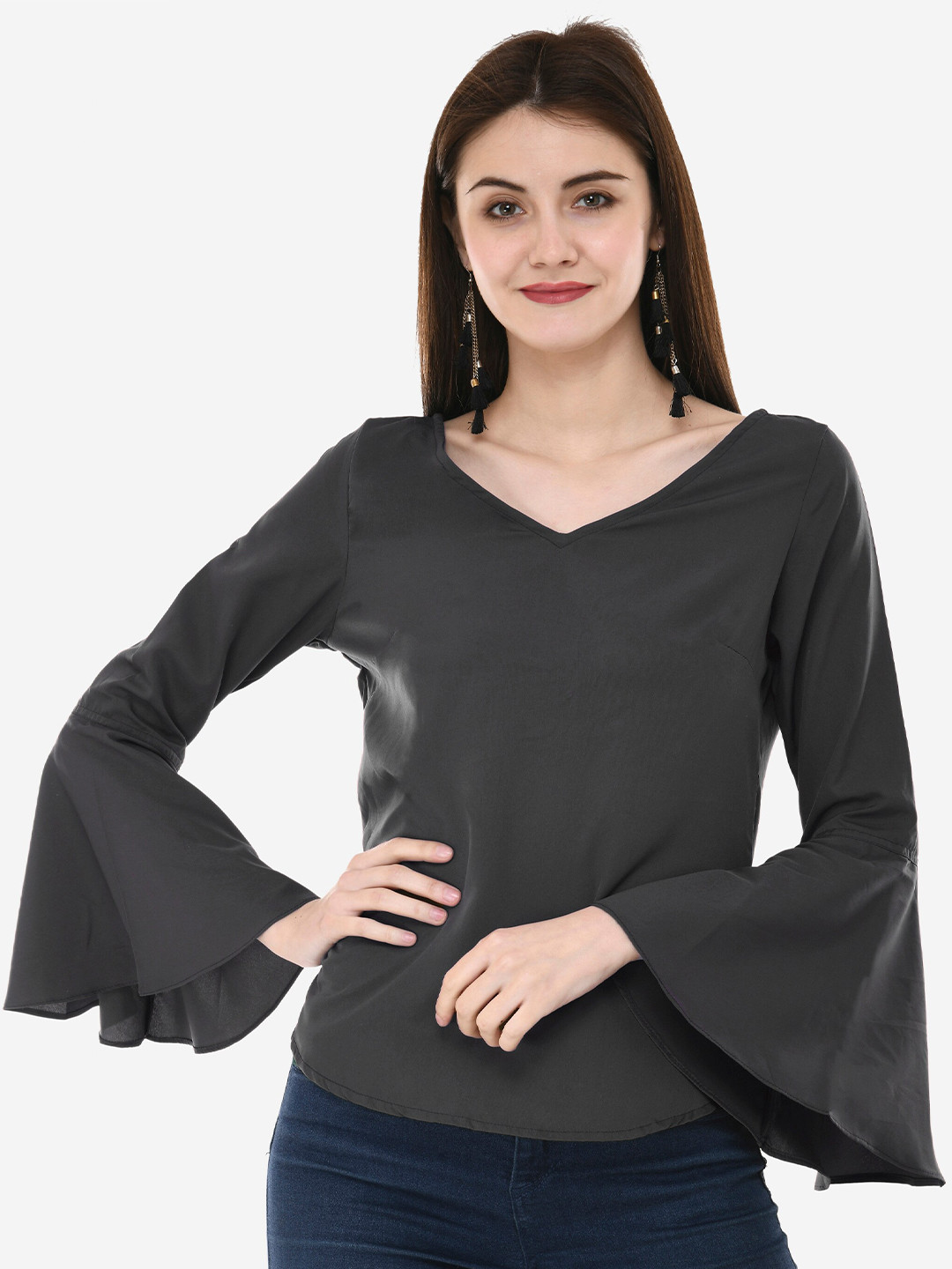 V&M Grey Crepe Solid V-Neck Top