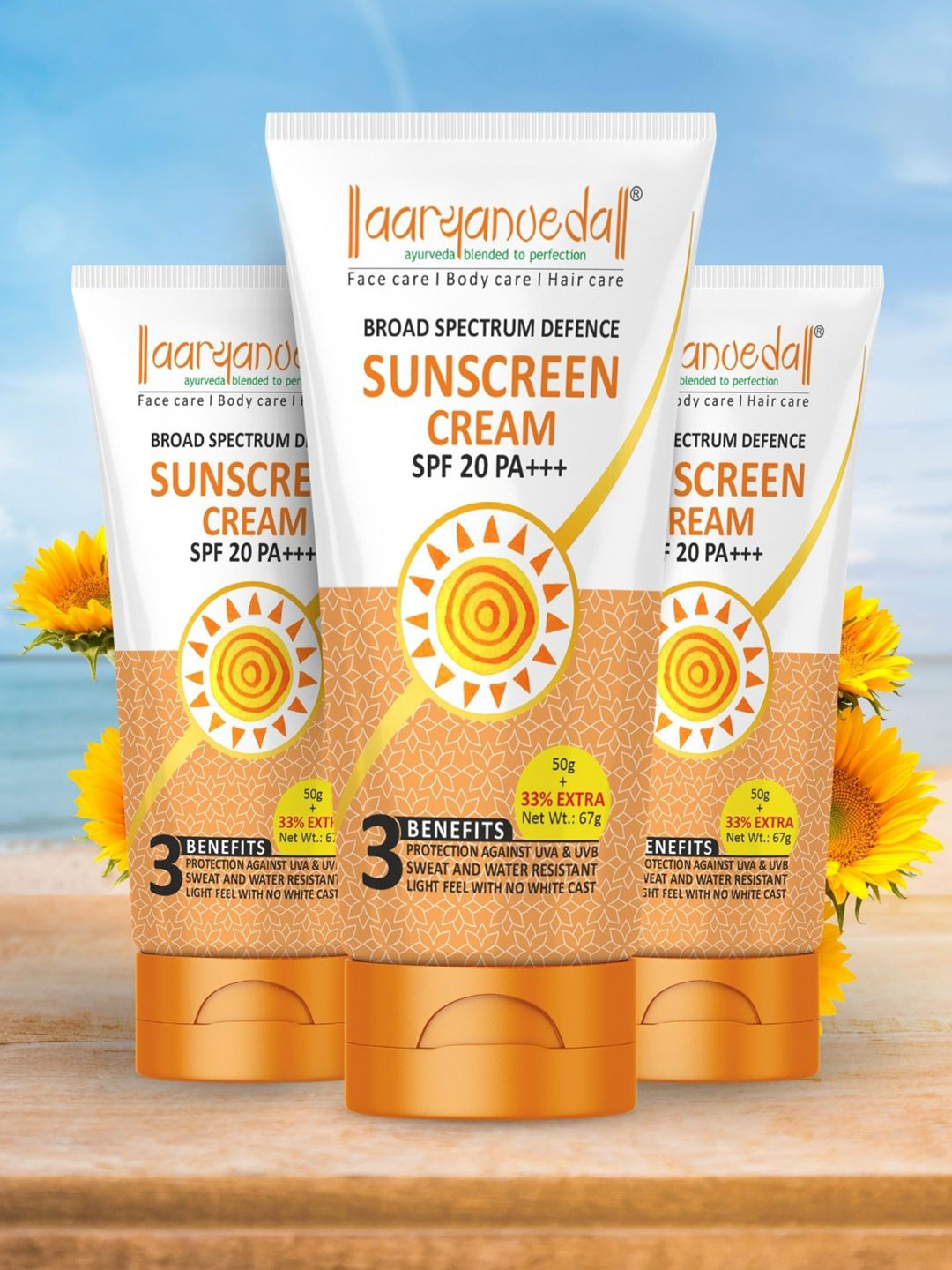 Aryanveda Set of 3 Sunscreen SPF 20 PA+ UV Protection with All Day Hydration - 67g