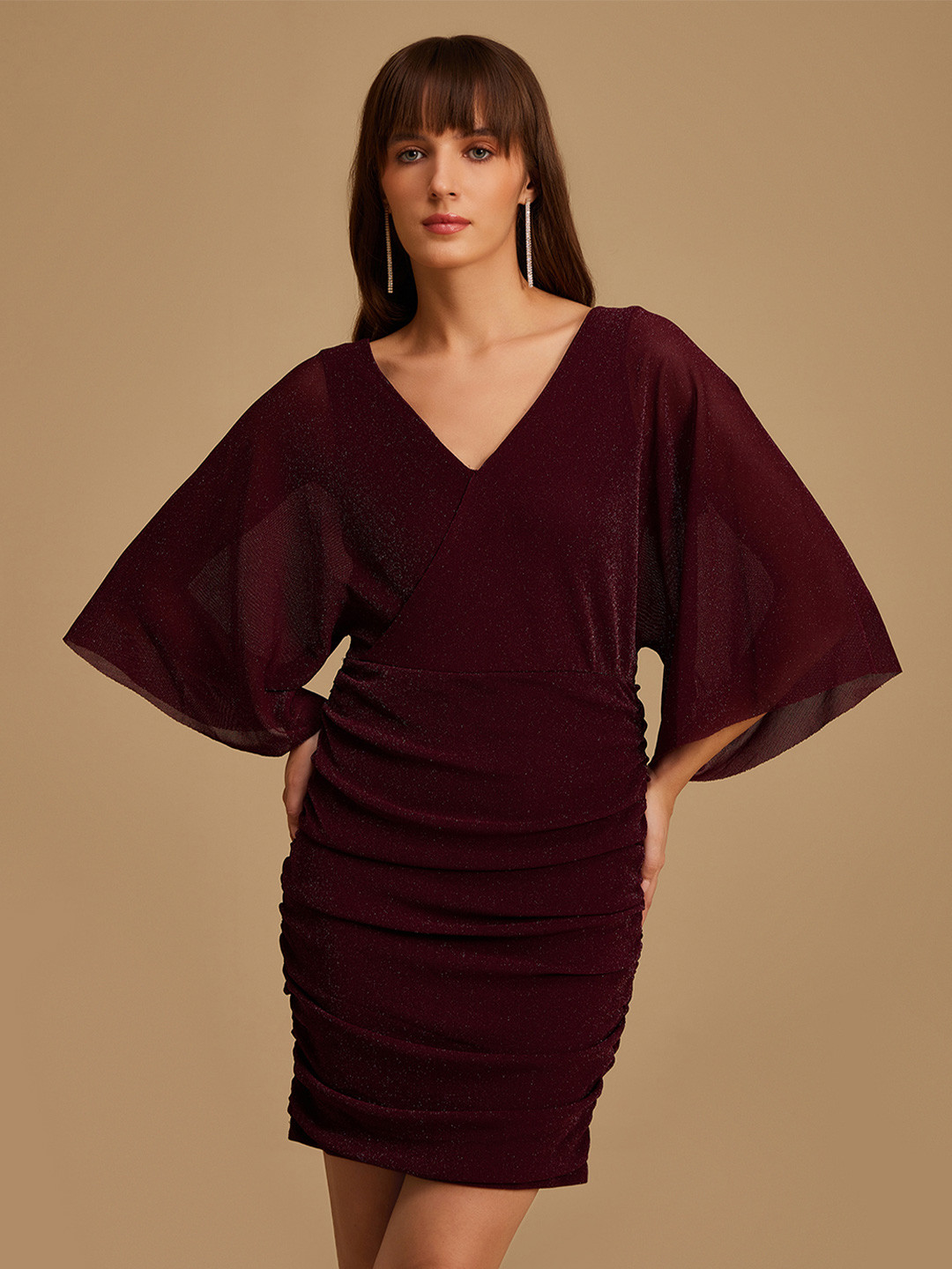 Kazo Maroon Kimono Sleeves Bodycon Dress
