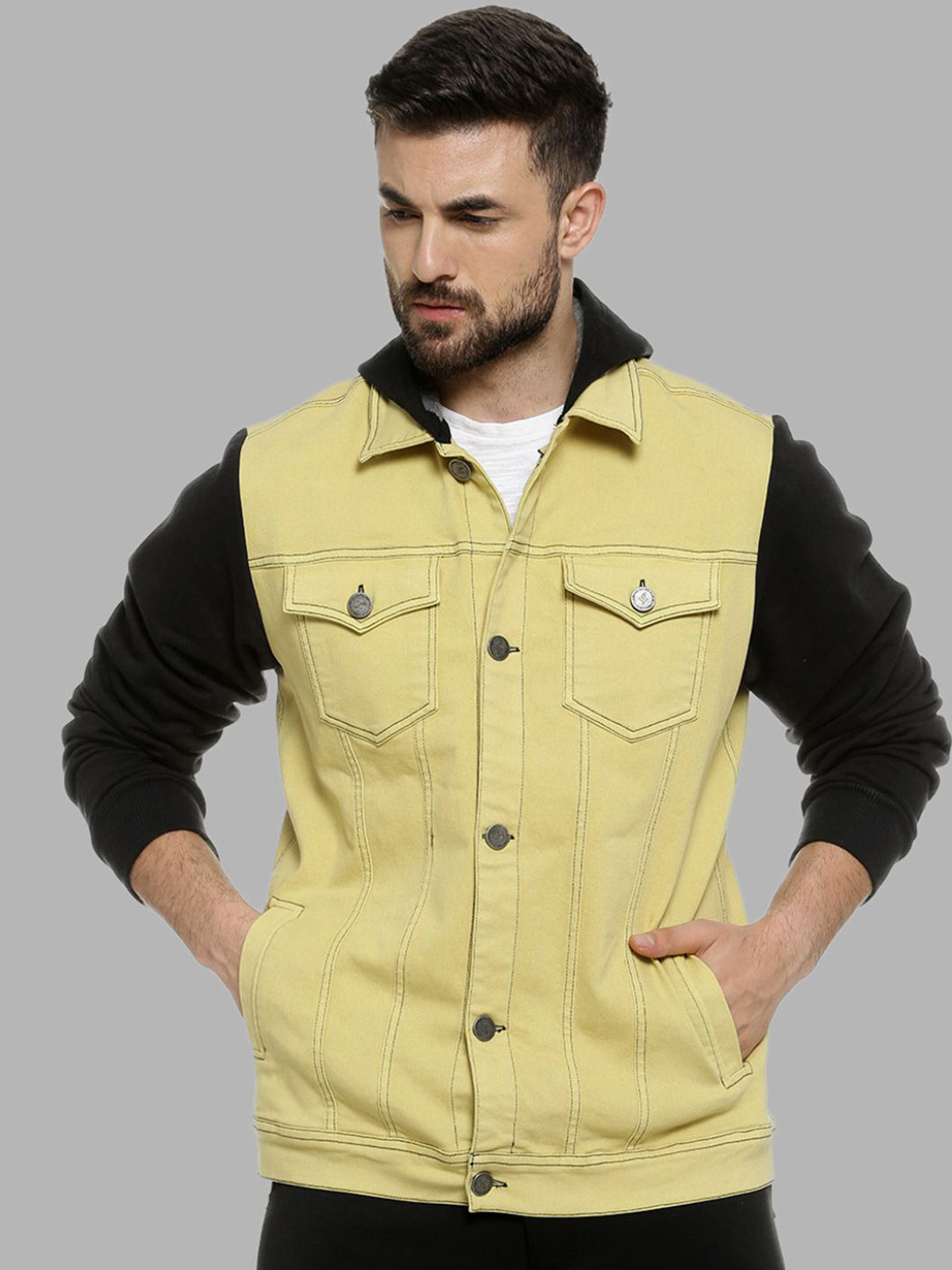 Campus Sutra Men Yellow Windcheater Denim Jacket