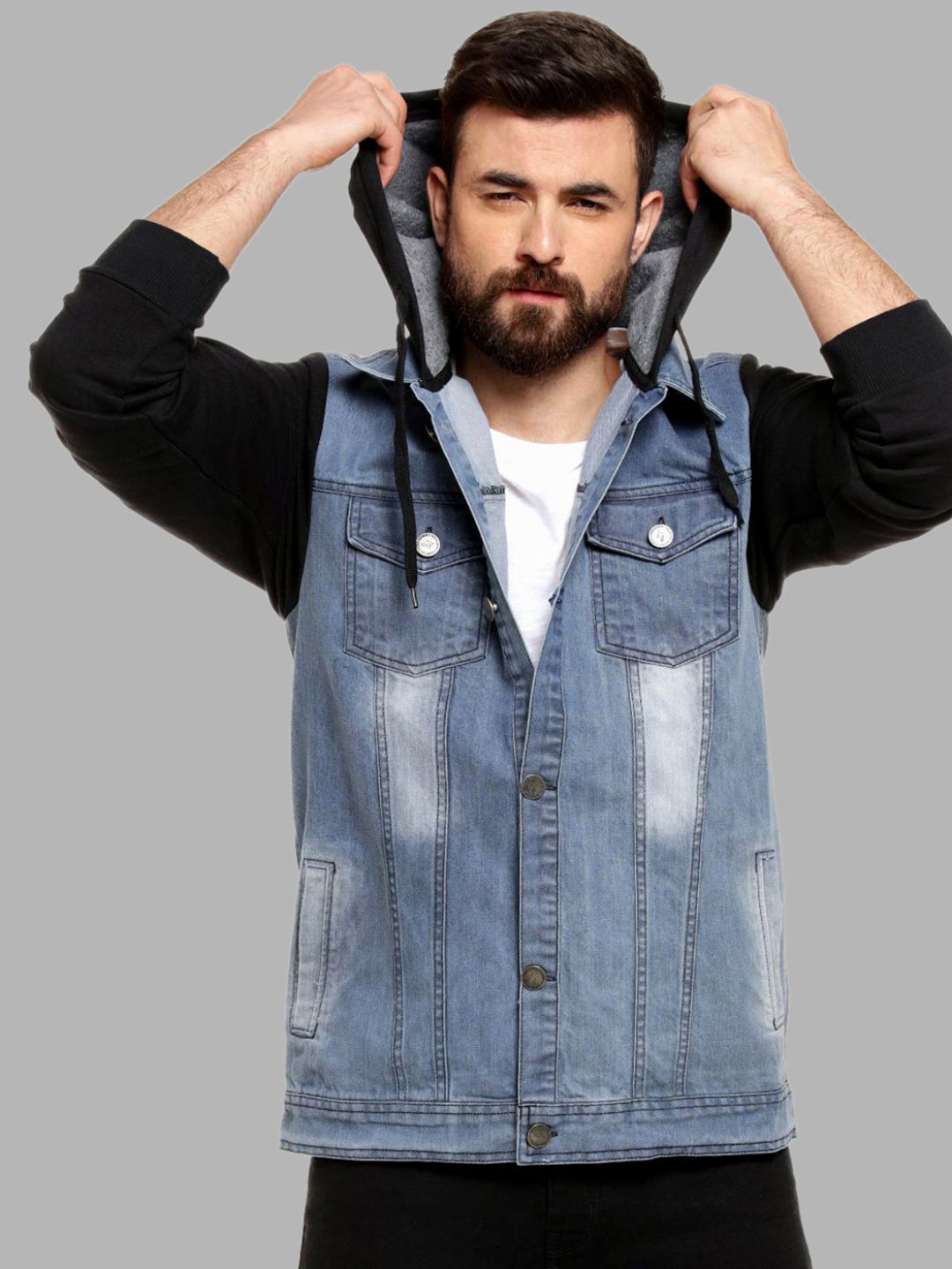 Campus Sutra Men Blue Black Washed Colourblocked Windcheater Outdoor Denim Jacket