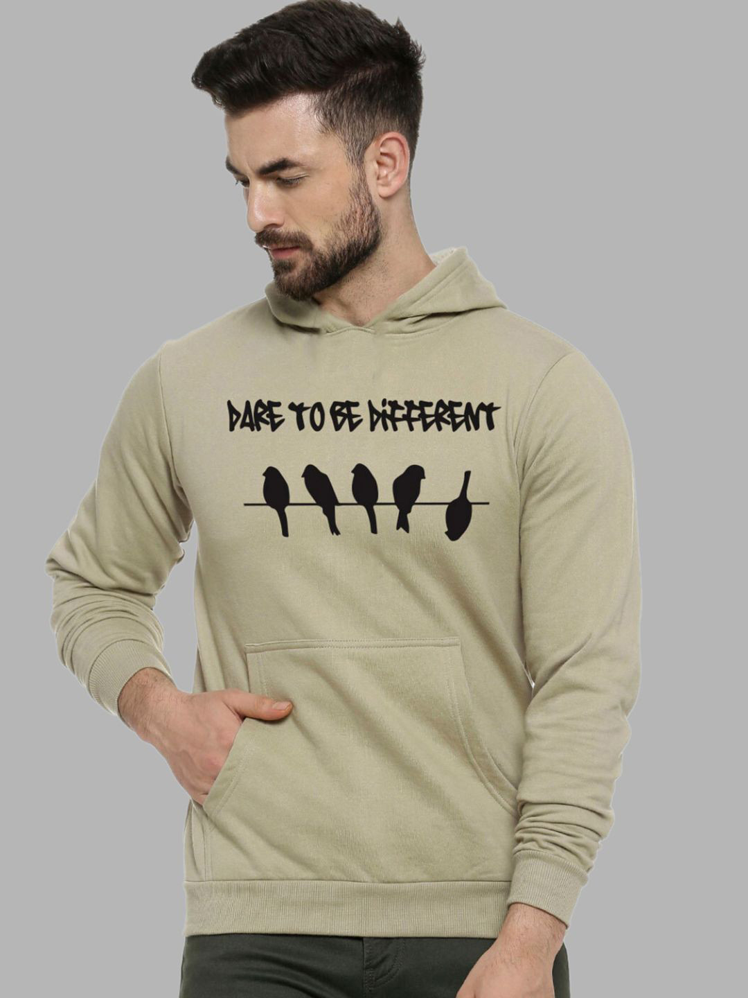 CAHOOT Men Olive Green Printed Hooded Sweatshirt