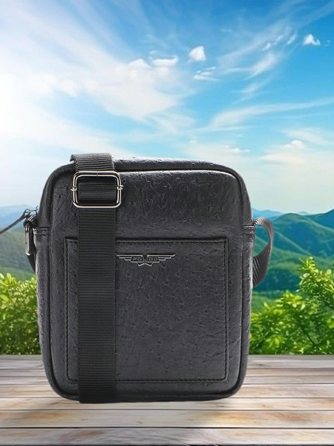 Police Men Black Leather Structured Sling Bag