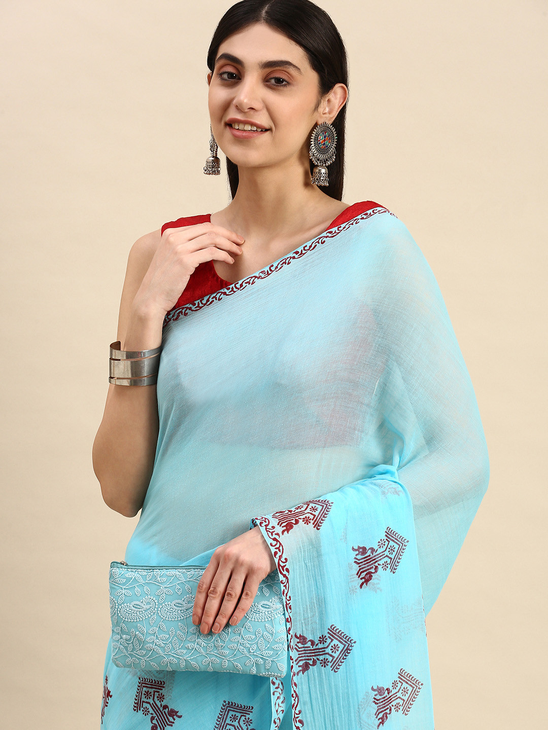 Apaapi Threads of glory Blue & Red Pure Cotton Block Print Saree
