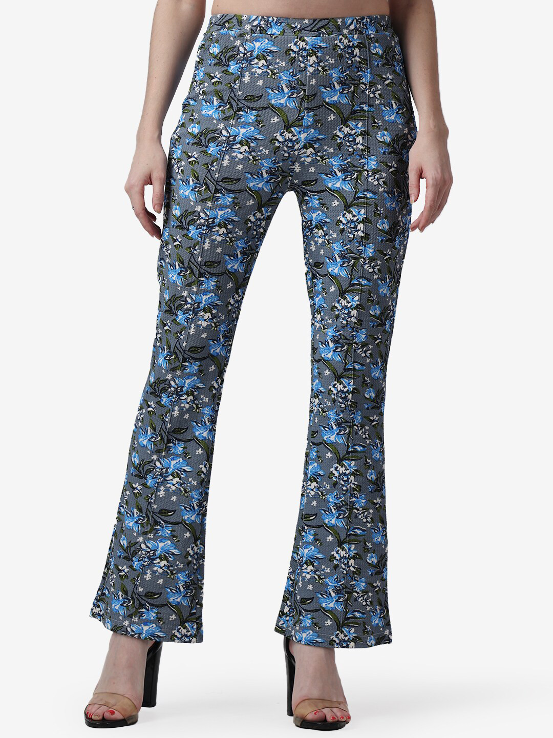 Popwings Women Grey Floral Printed Smart Flared Easy Wash Trousers