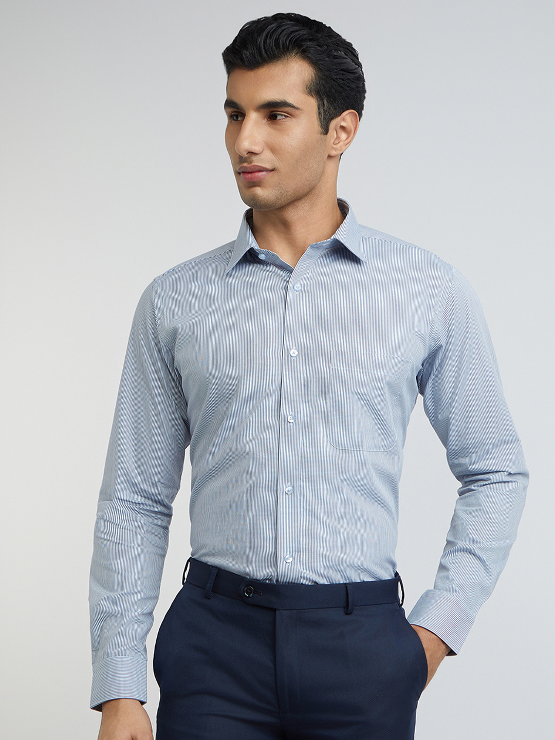 Raymond Men Blue And White Slim Fit Micro Checked Pure Cotton Formal Shirt