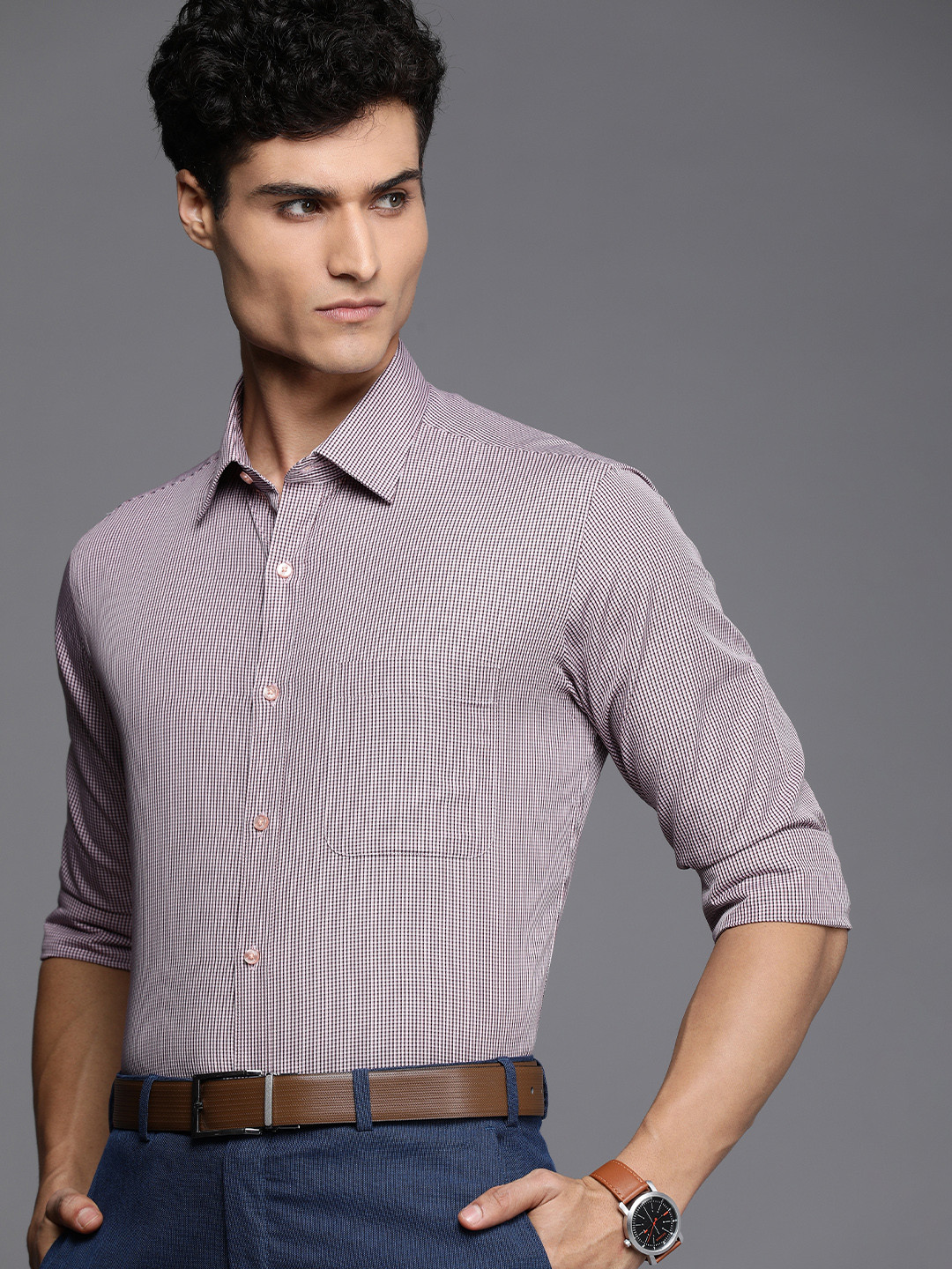 Raymond Men Red And Brown Slim Fit Micro Checked Pure Cotton Formal Shirt