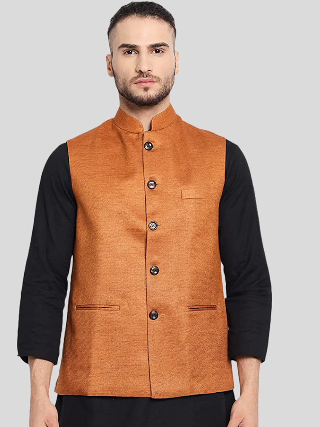 Vastraa Fusion Men Bronze Solid Woven Cotton Jute Nehru Jacket