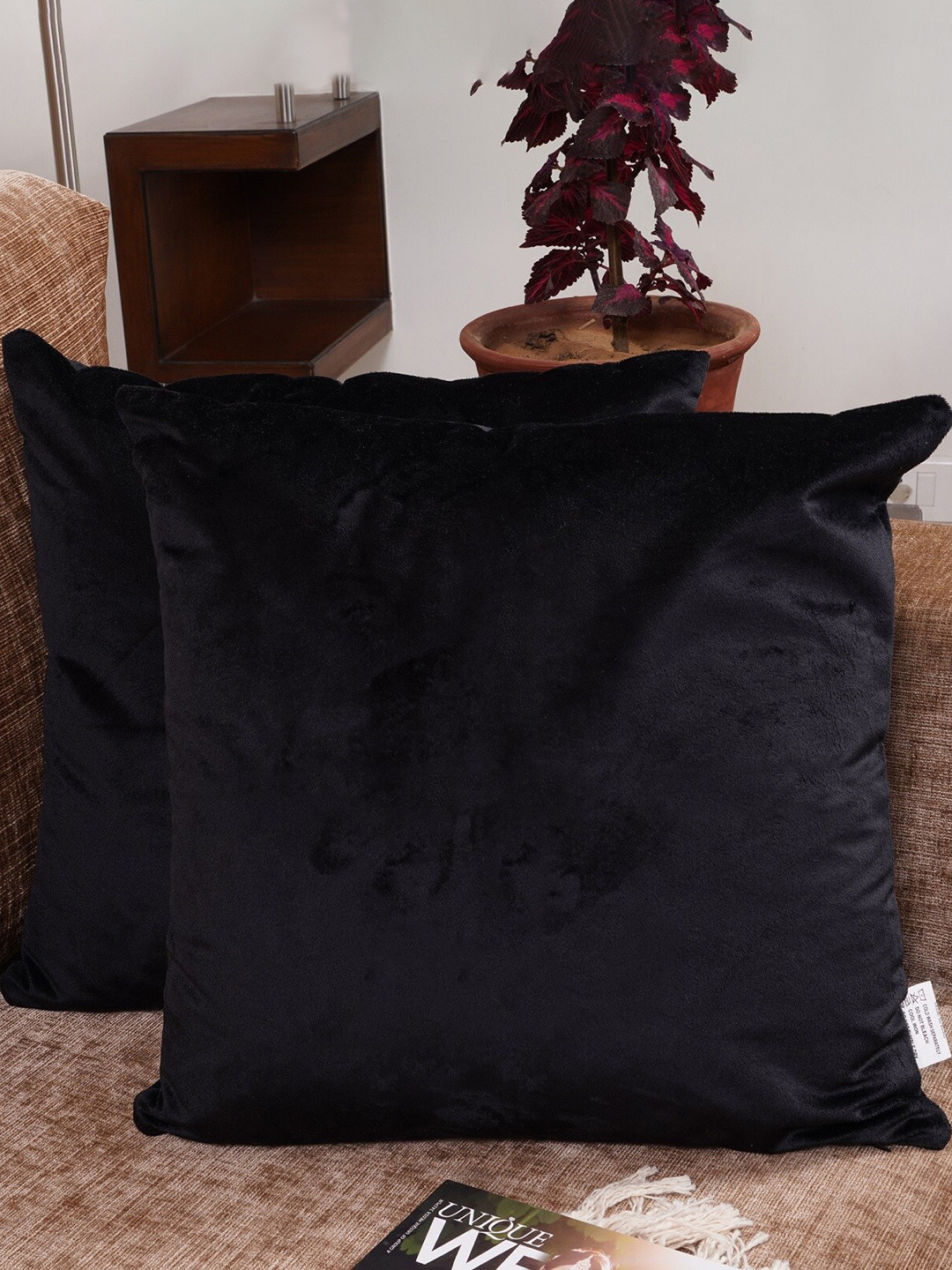 HOMEMONDE Black Velvet Durable 2 Pcs Square Cushion Covers - 12.5 x 12.5 In