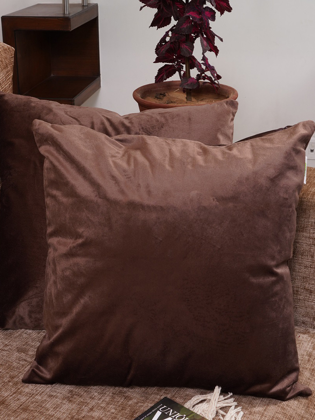 HOMEMONDE Brown Set of 2 Velvet Square Cushion Covers
