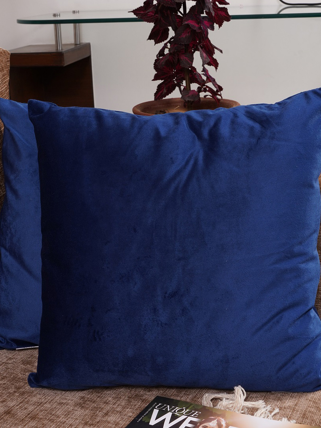 HOMEMONDE Blue Velvet Washable 2 Piece Square Cushion Covers - 18 x 18 Inches