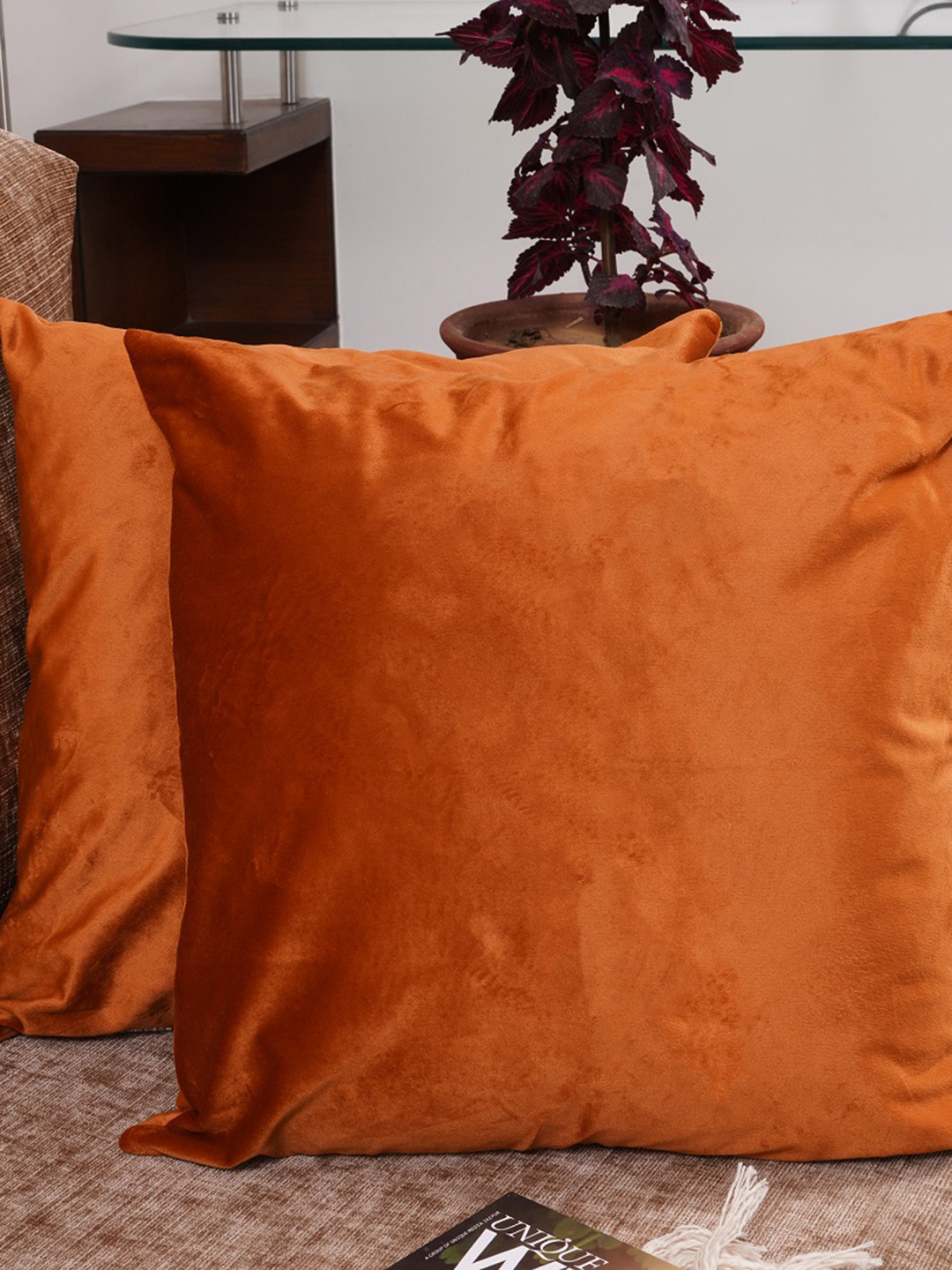 HOMEMONDE Orange Velvet Durable 2 Piece Square Cushion Covers -12x12In