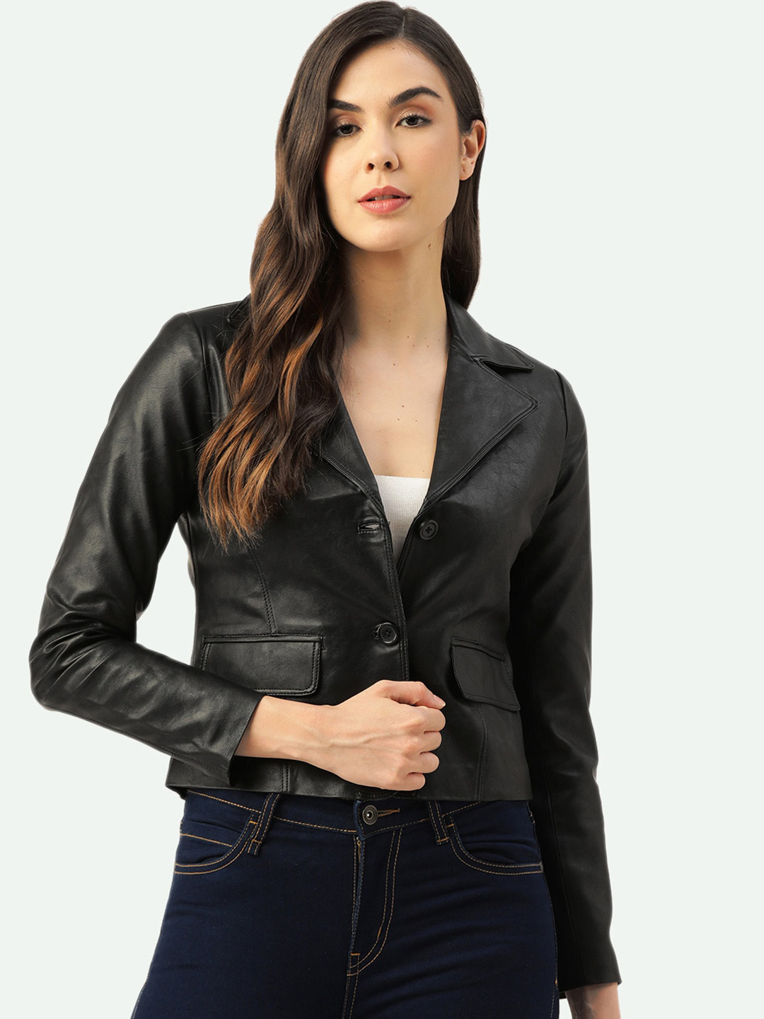 Leather Retail Women Black Crop Outdoor Denim Jacket
