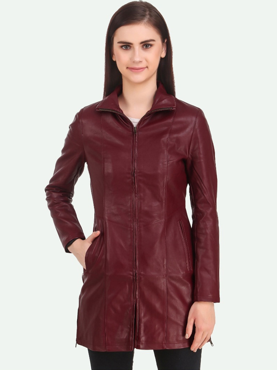 Leather Retail Women Red Longline Outdoor Leather Jacket