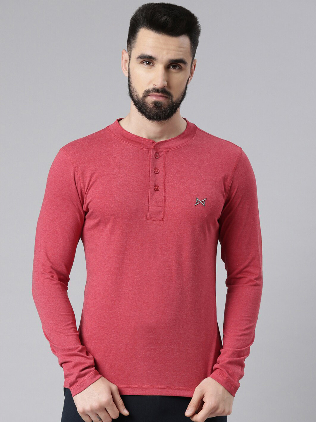 Force NXT Men Red Solid Henley Neck T-Shirt