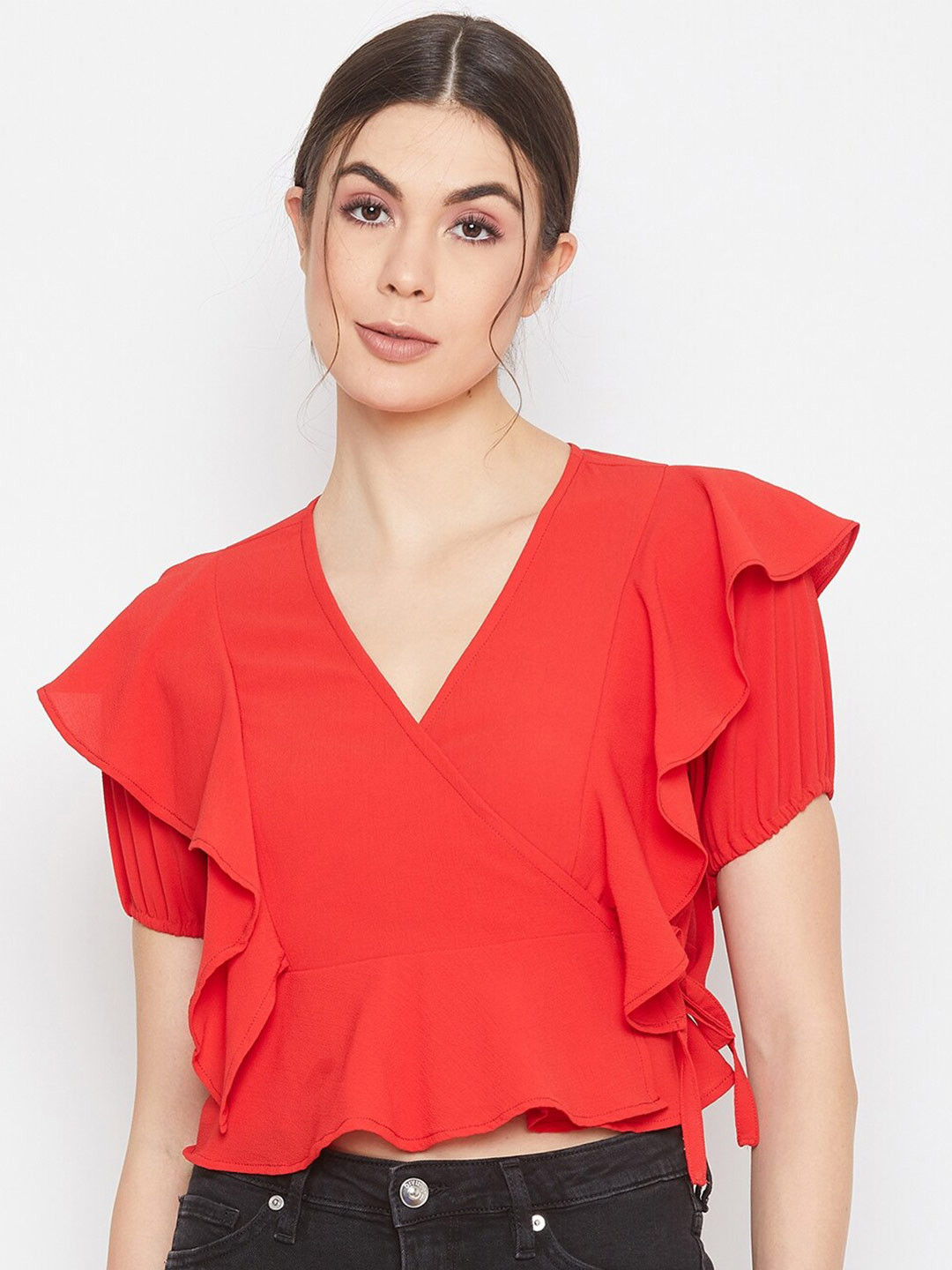 DELAN Red Ruffles Wrap Crop Top
