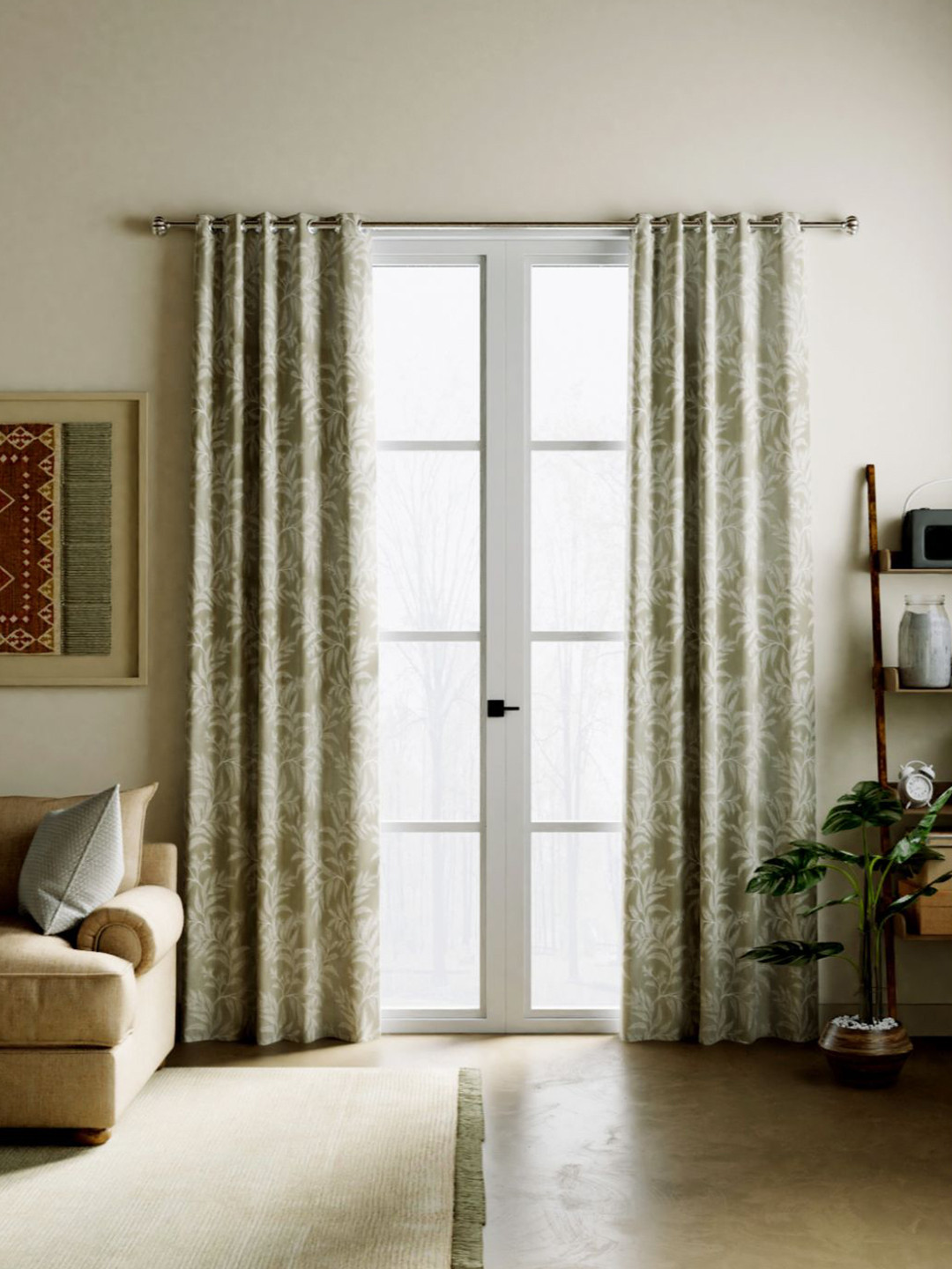 BIANCA Grey 2 Pieces Floral Printed Jacquard Blackout Door Curtains