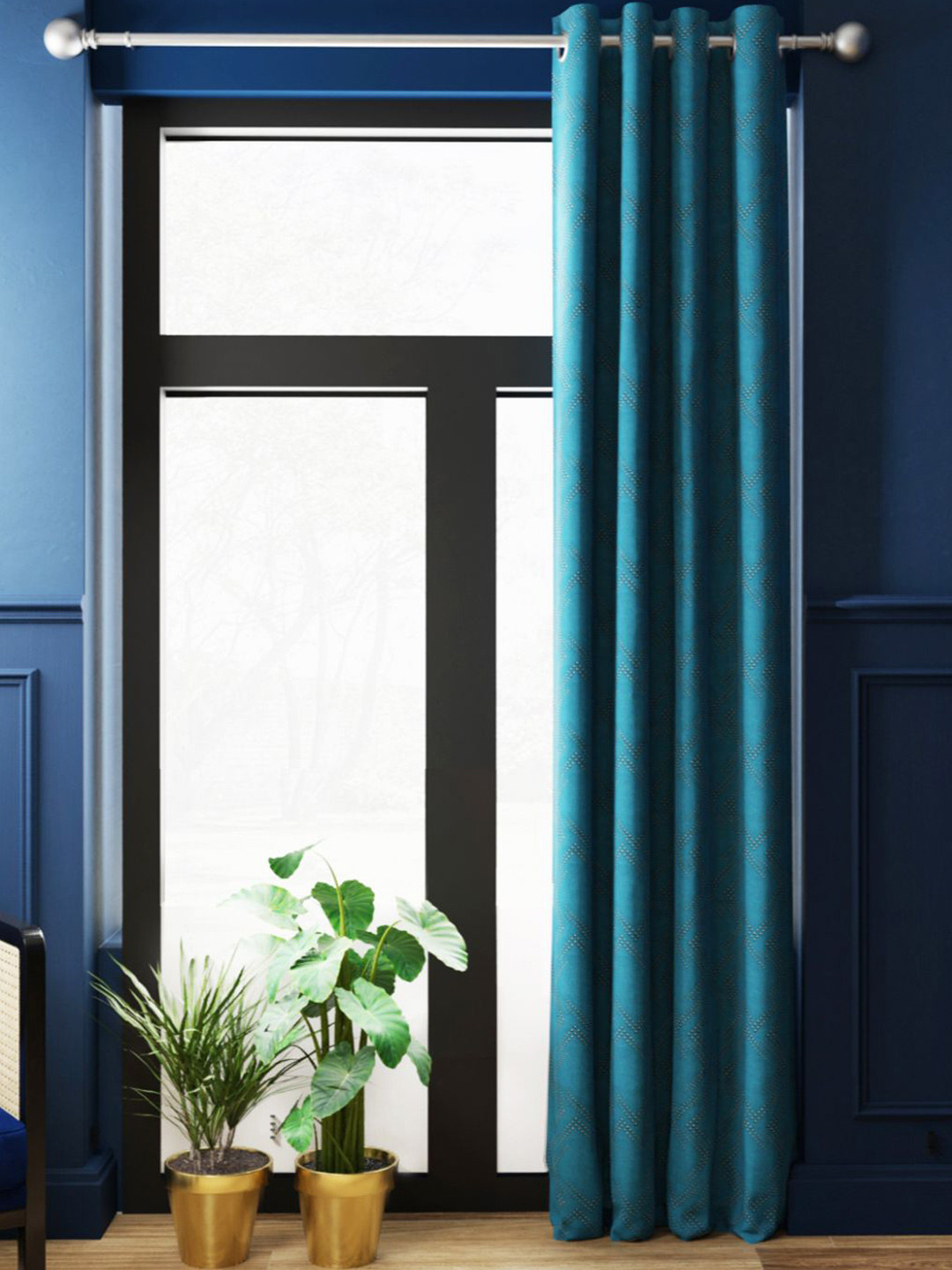 BIANCA Teal & Gold-Toned Geometric Printed Black Out Thermal Insulated Door Curtain