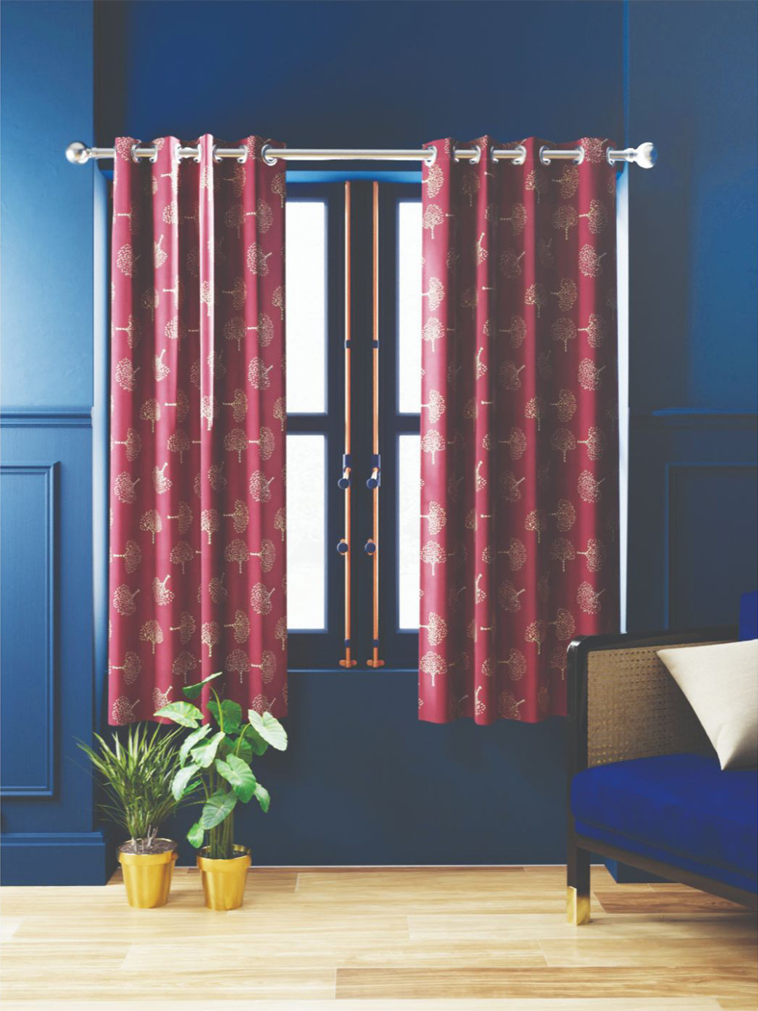 BIANCA Maroon & Gold-Toned 2 Pieces Floral Printed Black Out Window Curtains