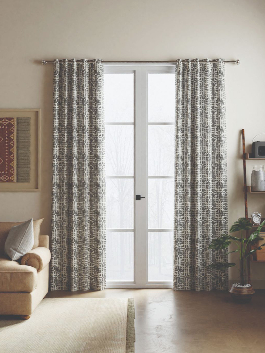 BIANCA Set of 2 Grey & White Geometric Black Out Door Curtain