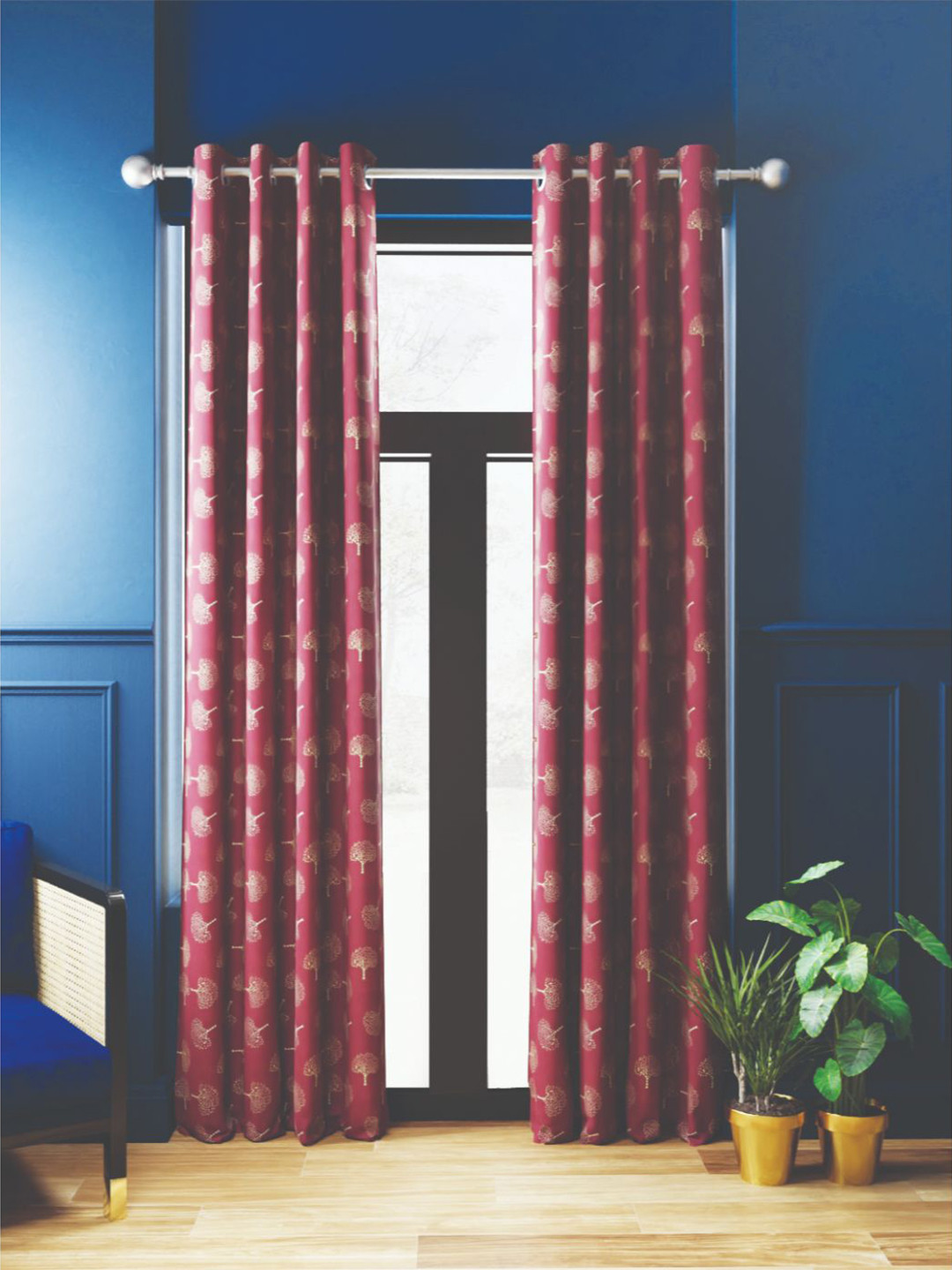 BIANCA Maroon & Yellow 2 Pieces Floral Thermal Insulated Noise Reducing Door Curtains