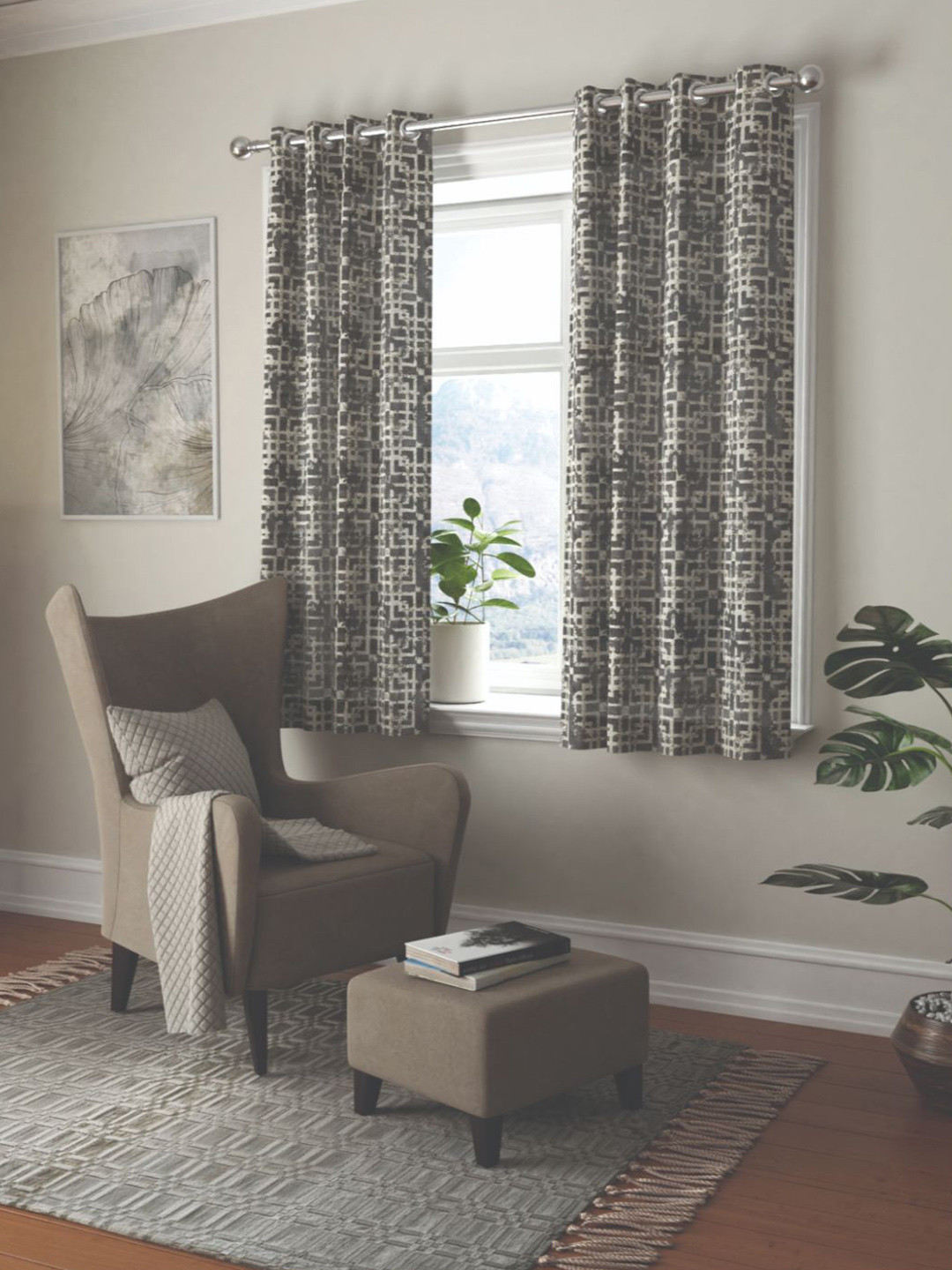 BIANCA Grey & White 2 Pieces Geometric Printed Abstract Jacquard Black Out Window Curtains
