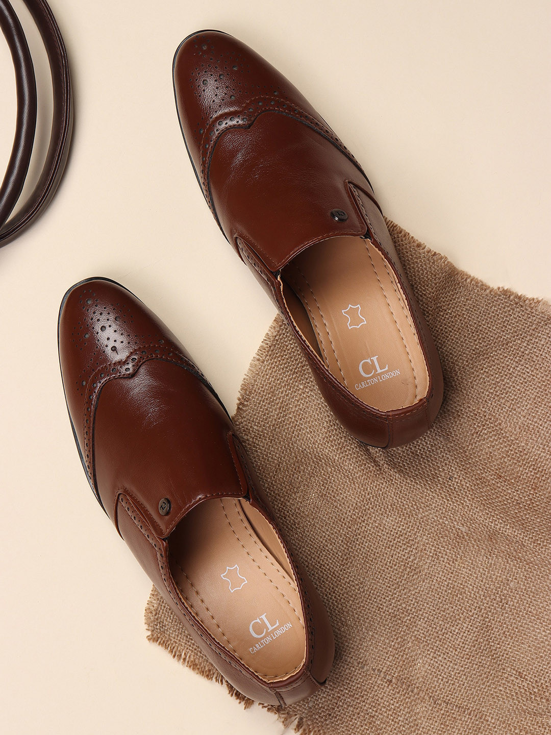 Carlton London Men Tan Perforations Synthetic Leather Loafers