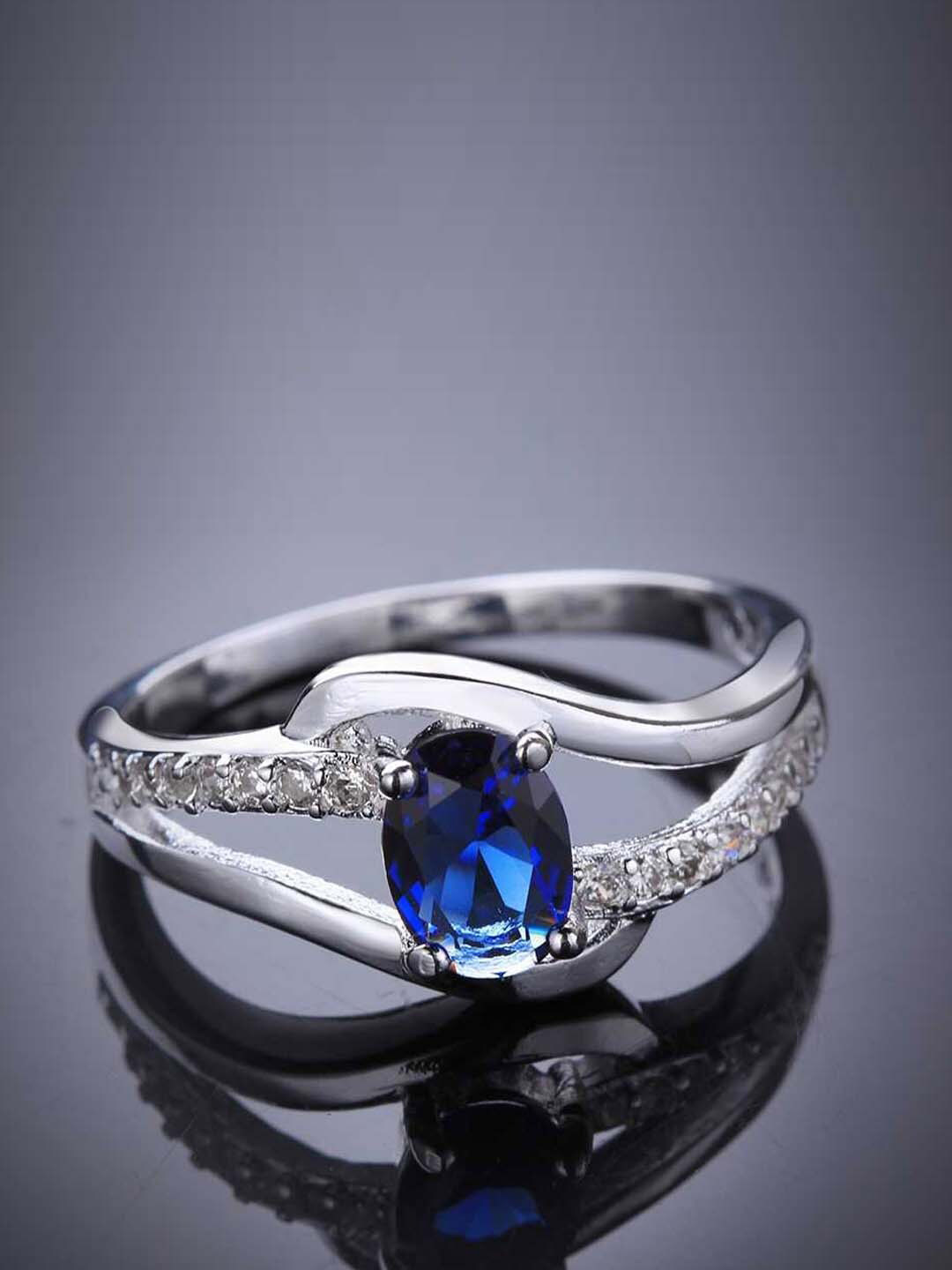 Designs By Jewels Galaxy Navy Blue Silver-Plated & Stone-Studded  Finger Ring