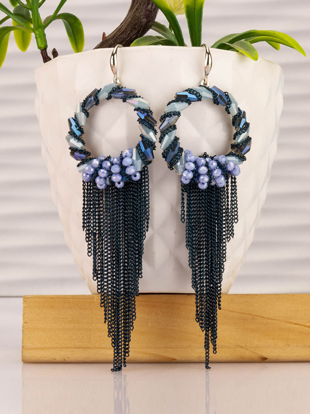 Designs By Jewels Galaxy Women Teal Rhodium-Plated Tasselled Contemporary Drop Earrings