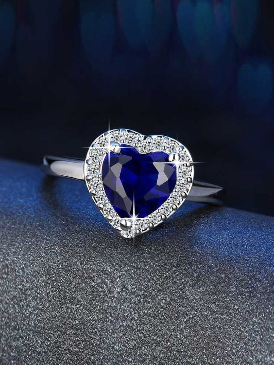 Designs By Jewels Galaxy Silver-Plated Blue & White CZ Stone-Studded Finger Ring