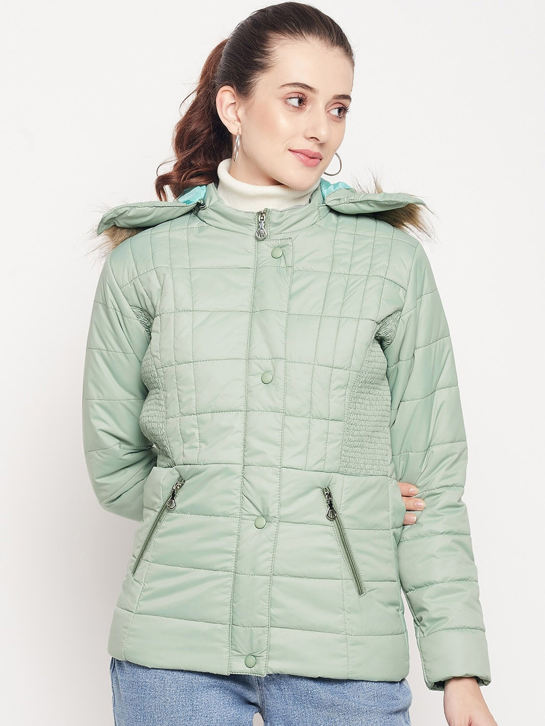 Adobe Women Green Checked Lightweight Parka Jacket