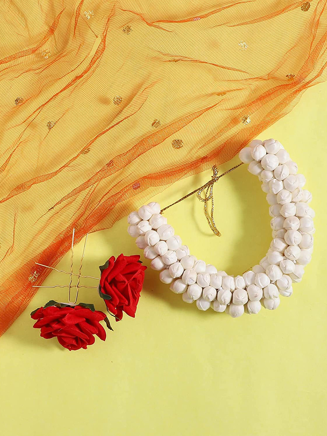 CHRONEX Set Of 3 Artificial Flower U Juda Pin With White Mogra Bun