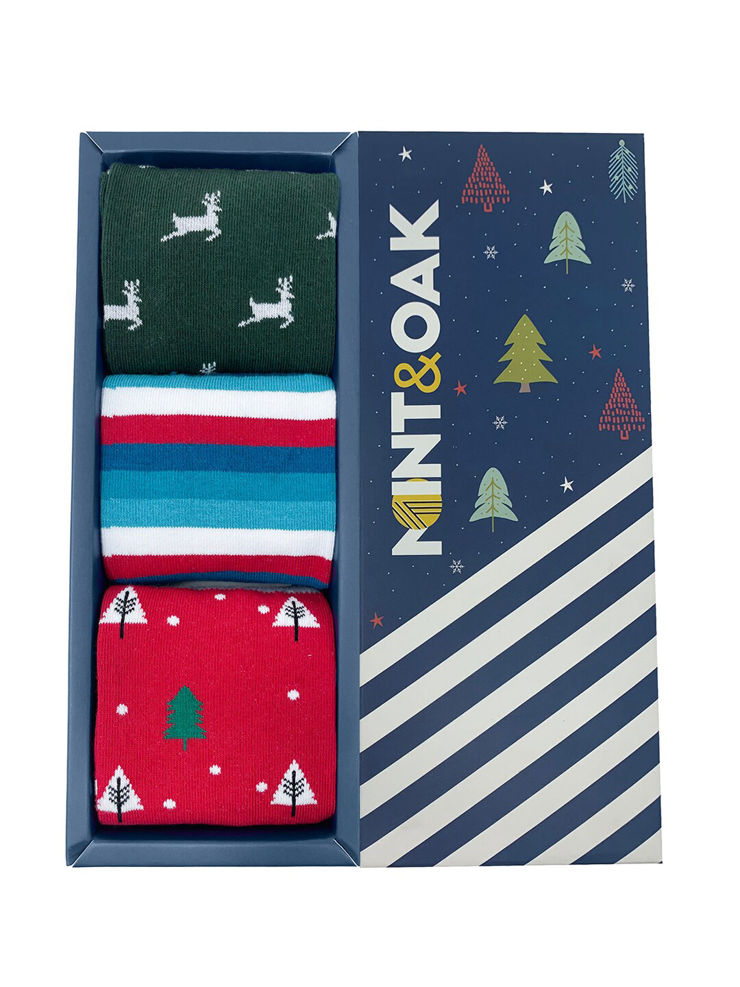 Mint & Oak Men Pack Of 3 Olive, Blue & Red Patterned Ankle Length Socks