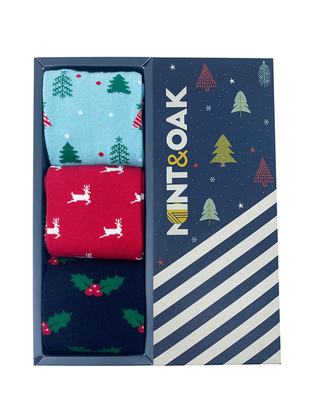 Mint & Oak Men Pack of 3 Blue, Red & Navy Blue Printed Cotton  Socks