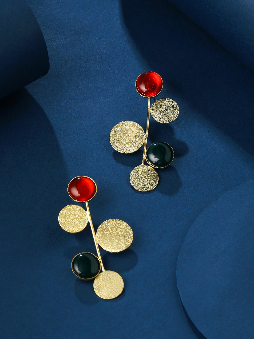 Yellow Chimes Gold-Plated Red & Green Stone Studded Drop Earrings