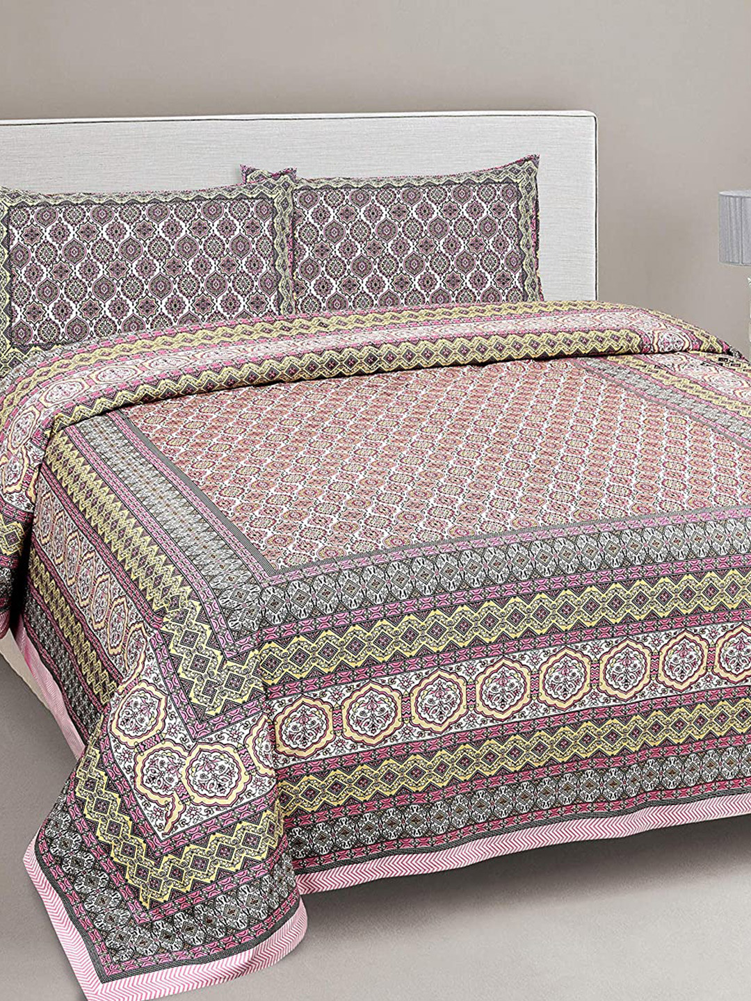 EasyGoods Traditional White Ethnic Motifs Cotton 300 TC Fitted King Fine Bedsheet with 2 Pillow Covers-106 x 106 inches