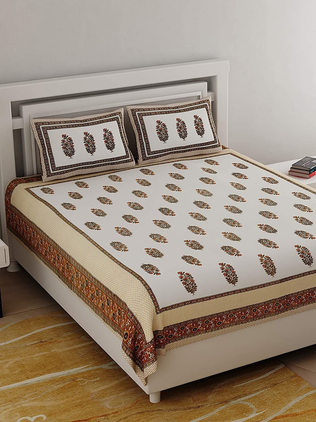 EasyGoods Traditional Ethnicjaipuri White Floral Cotton 300 TC King Fine Bedsheet with 2 Pillow Covers-108 x 108 inches